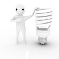 3d man stand with spiral CFL bulb and point at CFL bulb illustration