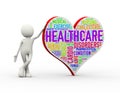 3d man standing with heart shape healthcare wordcloud tag
