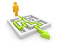 3d man standing beside the labyrinth with green arrow Royalty Free Stock Photo