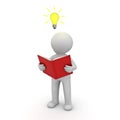 3d man standing and reading a book with idea bulb above his head