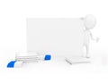 3d man standing beside a white frame , and eraser,s and spiral binded notepad,s on the floor concept Royalty Free Stock Photo