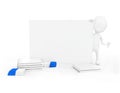 3d man standing beside a white frame , and eraser,s and spiral binded notepad,s on the floor concept Royalty Free Stock Photo