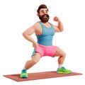 3d man trains on the mat. 3d illustration render isolated transparent. Bearded sportsman doing dynamic warm-up exercises Royalty Free Stock Photo