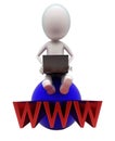 3d man using laptop on the sphere with www text projected from the center of sphere concept Royalty Free Stock Photo