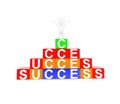 3d man waving both of his hands upward while standing on the top of success blocks concept