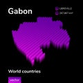 3d map of Gabon. Stylized striped vector isometric map is in neon violet colors on black background