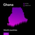 3d map of Ghana. Stylized striped vector isometric Map of Ghana is in neon violet colors on black background