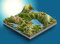 3d map isometric of a chain of mountains and ponds with vegetation and forest