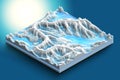 3d map isometric of a chain of perennial glaciers in dissolution