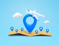 3d map markers with airplane, clouds, isolated on background. Concept for travel, holiday, booking, tour, hotel