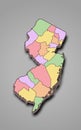 3d Map of New Jersey state with borders of the counties and different colour.  United State of America, US, United State Royalty Free Stock Photo