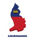 3D Map outline country shaped and flag of Liechtenstein, It is a horizontal bicolor of blue and red, charged with a gold crown in