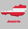 3D Map outline and flag of Austria, a horizontal triband of red top and bottom and white