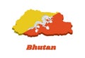 3D Map outline and flag of Bhutan, triangle yellow and orange, with a white dragon holding four jewels in its claws centered Royalty Free Stock Photo