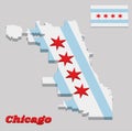 3D map outline and flag of Chicago, the city of Chicago is the most populous city in Illinois, United States of America Royalty Free Stock Photo