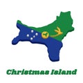 3D Map outline and flag of Christmas Island, Blue and green diagonal color with white star, a golden bosun bird in gold and shape Royalty Free Stock Photo