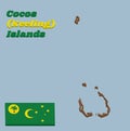 3D Map outline and flag of Cocos Keeling Islands. Green, with a palm tree on a gold disc, a gold crescent in the centre and a
