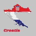 3D Map outline and flag of Croatia, it is a horizontal tricolor of red, white, and blue with the Coat of Arms of Croatia in the