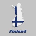 3D Map outline and flag of Finland, Sea blue Nordic cross on white field