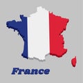 3D Map outline and flag of France, it is a vertical tricolor of blue white and red. Royalty Free Stock Photo