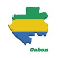 3D Map outline and flag of Gabon, A horizontal triband of green, gold and blue