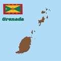 3D Map outline and flag of Grenada. A large rectangle with the large red border around it with six Gold star, four triangles of