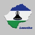 3D Map outline and flag of Lesotho, A horizontal triband of blue white and green; charged with a black mokorotlo a Basotho hat
