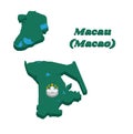 3D Map outline and flag of Macau, green with a lotus and stylised Governor Nobre de Carvalho Bridge and water in white, and five