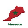 3D Map outline and flag of Morocco, it is a red field with a black-bordered green pentagram
