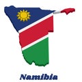 3D Map outline and flag of Namibia, a white-edged red diagonal band and the upper triangle is blue, charged with a gold sun and Royalty Free Stock Photo