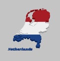 3D Map outline and flag of Nederland, it is a horizontal tricolor of red white and blue