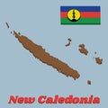 3D Map outline and flag of New Caledonia, A horizontal tricolour of blue red and green with a yellow disc fibrated black and Royalty Free Stock Photo