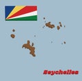 3d Map outline and flag of seychelles, five oblique bands of blue yellow red white and green radiating from the bottom of the
