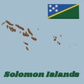 3d Map outline and flag of Solomon Islands, A thin yellow narrow diagonal stripe divided diagonally with green and blue triangle Royalty Free Stock Photo