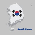 3D Map outline and flag of South Korea, a red and blue Taeguk, symbolizing balance on white and black line Royalty Free Stock Photo