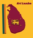 3d Map outline and flag of Sri Lanka, four color of green orange yellow and dark red with golden lion