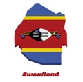 3d Map outline and flag of Swaziland, blue yellow and red with the large black and white Nguni shield and the staff decorated with Royalty Free Stock Photo