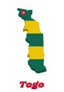 3D Map outline and flag of Togo, Five equal horizontal bands of green alternating with yellow; with a red canton bearing a white