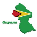 3D Map outline of Guyana, a green field with the black red triangle and white golden triangle, also based on the hoist-side