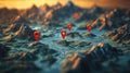 3d map with red location pins on mountains, symbolizing spatial data and geolocation Royalty Free Stock Photo