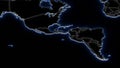 3D map of South America in blue neon on black, with international boundaries. Global geopolitics concept. Digital 3D render