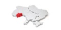 3d map of Ukraine showing the region of Chernivtsi in red. 3D Rendering