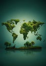 A 3D map of the world is creatively formed using clusters of green trees and foliage , Earth day background