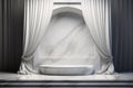 3D Marble Podium with Pole and Curtain on Black Background Royalty Free Stock Photo