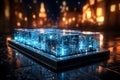 3d matrix silver cube block on screen smartphone intricate detail blue neon, Generated AI