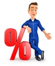 3d mechanic leaning against percent sign