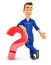 3d mechanic leaning against question mark