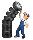 3D Mechanic with a pile of tires falling on top. Work accidents