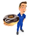 3d mechanic standing and holding donut