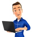 3d mechanic standing and holding laptop